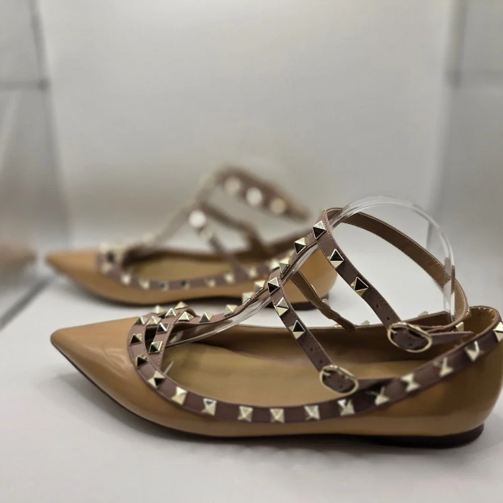 Kaitlyn Pan Nude Patent Rockstud Strappy Pointed Toe Flats Shoes Womens 10.5